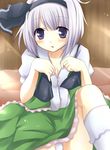  bad_id bad_pixiv_id black_hairband blue_eyes blush breasts cleavage hairband highres konpaku_youmu medium_breasts mikurun panties pantyshot pantyshot_(sitting) short_hair silver_hair sitting solo touhou underwear white_panties 