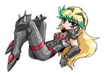  90s ahoge armor ayakawa_himeko black_armor blonde_hair blue_eyes bodysuit boots chain choker elbow_gloves full_body ginga_ojou-sama_densetsu_yuna gloves greaves green_hair high_heels knee_boots long_hair looking_at_viewer multicolored_hair okuri_ookami open_mouth pauldrons shoes simple_background solo spikes streaked_hair white_background 