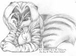  2002 black_and_white bushy_tail cute eric_schwartz female fluffy looking_at_viewer monochrome sitting sketch skimpy skunk smile solo tail zig_zag 