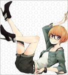  :q bad_id bad_pixiv_id black-framed_eyewear black_shorts bob_cut bra_strap bracelet brown_hair cropped_jacket fashion flat_chest glasses grey_jacket high_heels jacket jewelry legs_up licking_lips long_sleeves lying on_back orange_hair original purple_eyes recycling_symbol shirt shoes short_hair shorts solo tongue tongue_out white_shirt yoshito 