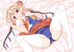  ascot bed blonde_hair flandre_scarlet hands hat highres ichio lying on_back one-piece_swimsuit red_eyes school_swimsuit short_hair side_ponytail simple_background solo spread_legs swimsuit swimsuit_under_clothes thighhighs touhou white_legwear wings 
