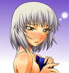  blush clothes_in_front elizabeth_(persona) hair_down nude persona persona_3 segami_daisuke short_hair silver_hair solo yellow_eyes 