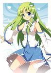  absurdres blue_eyes detached_sleeves frog green_hair hair_ornament highres kochiya_sanae long_hair navel smile snake solo touhou yamasan 