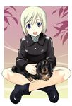  blonde_hair blue_eyes blush boots dachshund dog erica_hartmann indian_style kyougoku_shin military military_uniform open_mouth short_hair sitting smile solo strike_witches uniform world_witches_series 