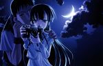  1girl absurdres black_hair blue_eyes camera choco couple hazuki_(tsukuyomi) hetero highres hug long_hair moon morioka_kouhei night short_hair sky tsukuyomi_moonphase 