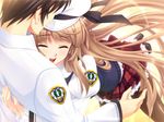  brown_hair game_cg hat hug kudoriya_fuuka renai_saimin seifuku 