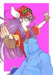  baseball_cap blue_eyes clothes_writing dr._slump ema_(earth-b) fingerless_gloves glasses gloves hat head_wings long_hair norimaki_arale outstretched_arms overalls purple_hair shoes shorts sneakers solo spread_arms 