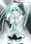 7zu7 aqua_eyes aqua_hair arm_up armpits bad_id bad_pixiv_id detached_sleeves hatsune_miku headset highres long_hair microphone necktie open_mouth pinky_out skirt solo thighhighs twintails very_long_hair vocaloid 