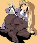  ass blonde_hair capcom_fighting_jam edoya_inuhachi feet foreshortening hairpods ingrid long_hair oekaki pantyhose red_eyes skirt skirt_lift solo thighband_pantyhose 