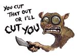  bloodshot_eyes insane keaze knife mammal plain_background primate tarsier teeth white_background 