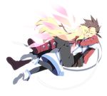  1girl blonde_hair boots brown_hair closed_eyes collet_brunel couple dress gloves happy hetero hug knee_boots lloyd_irving long_hair open_mouth pantyhose pink_wings red_shirt shirt short_hair simple_background smile soranagi tales_of_(series) tales_of_symphonia wings 
