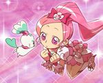  animal_ears boots bow brooch chypre_(heartcatch_precure!) creature cure_blossom dress earrings flower full_body hair_flower hair_ornament hair_ribbon hanasaki_tsubomi heartcatch_precure! high_heels jewelry knee_boots kneeling long_hair magical_girl mascot pink pink_bow pink_eyes pink_hair ponytail precure ribbon rim1010 shoes smile solo sparkle tail wrist_cuffs 