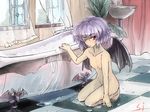  barefoot bat_wings bath bathtub bubble_bath claw_foot_bathtub commentary_request flat_chest kneeling lavender_hair nipples nude one_eye_closed red_eyes remilia_scarlet short_hair sinzan slipper_bathtub solo touhou wet wings 