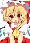  amanagi_seiji bad_id bad_pixiv_id blonde_hair fang flandre_scarlet hat looking_at_viewer open_mouth outstretched_arms pov red_eyes side_ponytail solo touhou wings 