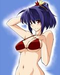  bikini blush bottomless breasts frown groin hair_ornament kasu_kazu large_breasts leaf navel out-of-frame_censoring purple_hair red_eyes rope short_hair solo swimsuit touhou upper_body yasaka_kanako 