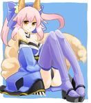  animal_ears bow breasts detached_sleeves fate/extra fate_(series) fox_ears fox_tail hair_bow japanese_clothes medium_breasts mochichimochi pink_hair smile solo tail tamamo_(fate)_(all) tamamo_no_mae_(fate) thighhighs twintails yellow_eyes 