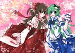  blue_eyes blush bow breasts brown_eyes brown_hair detached_sleeves frog green_hair hair_bow hair_ornament hair_tubes hakurei_reimu hinaco kochiya_sanae long_hair medium_breasts multiple_girls short_hair snake touhou 