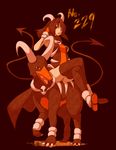  brown_hair brown_leotard crossed_legs demon_tail gen_2_pokemon gloves hair_tousle horns horror_(theme) houndoom jewelry kuromiya leotard moemon necklace open_mouth orange_leotard personification pokemon pokemon_(creature) red_eyes shoes sidesaddle sitting tail thighhighs 