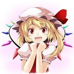 :d blonde_hair face fangs flandre_scarlet hands_together happy hat looking_at_viewer open_mouth own_hands_together red_eyes short_hair side_ponytail smile solo touhou tsuyuki_(yukitgraph) upper_body wings 