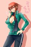  bad_id bad_pixiv_id blush breasts brown_eyes brown_hair cleavage hokenshitsu_no_shinigami jacket kami_koppu large_breasts open_clothes open_jacket red_hair saizaki_minori scarf solo track_suit 