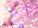  arms_up arrow bad_id bad_pixiv_id bow_(weapon) bubble_skirt choker gloves kaname_madoka light_smile magical_girl mahou_shoujo_madoka_magica pink_eyes pink_hair puffy_sleeves red_choker riichu short_hair skirt solo twintails weapon white_gloves 