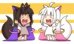  ahoge androgynous animal_ears black_hair blush_stickers cat_ears chibi dress gradient_hair kyubey mahou_shoujo_madoka_magica multicolored_hair multiple_persona o_o open_mouth outstretched_arms personification smile tail tom_(drpow) white_dress white_hair 
