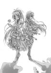  akemi_homura aoilio apple bad_id bad_pixiv_id boots braid closed_eyes different_shadow food fruit greyscale hairband hands_clasped holding_hands interlocked_fingers long_hair magical_girl mahou_shoujo_madoka_magica monochrome multiple_girls own_hands_together pantyhose ponytail sakura_kyouko shadow sketch smile spoilers thighhighs tossing twintails 