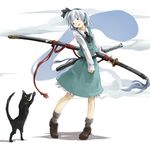  1girl adapted_weapon alternate_weapon animal ascot belt black_ascot black_belt black_cat black_hairband black_ribbon blue_eyes blush bob_cut bobby_socks boots bow_hairband brown_footwear buttons cat commentary_request ghost green_skirt green_vest grey_socks hairband hitodama holding holding_sheath holding_sword holding_weapon kashira_(pommel) katana kojiri konpaku_youmu konpaku_youmu_(ghost) long_sleeves looking_back moai_88 ofuda ootachi pigeon-toed ribbon rope saya_(scabbard) scabbard sheath sheathed shirt short_hair skirt skirt_set sleeves_past_wrists socks solo sword tassel touhou tsuka-ito vest wakizashi weapon white_hair white_shirt 