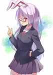  animal_ears bespectacled blazer bunny_ears glasses gomibox hand_on_hip index_finger_raised jacket lavender_hair long_hair necktie red_eyes reisen_udongein_inaba solo touhou 