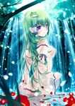  bare_shoulders blue_eyes blush bottomless breasts detached_sleeves flower frog green_hair hair_ornament hair_tubes kochiya_sanae long_hair looking_back medium_breasts miyase_mahiro outdoors petals see-through snake solo touhou very_long_hair wading water waterfall wet wet_clothes wet_hair 