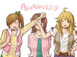  amami_haruka blonde_hair blush brown_hair closed_eyes covering_face face futami_mami green_eyes hidden_face hoshii_miki idolmaster idolmaster_(classic) idolmaster_2 long_hair multiple_girls nogoodlife one_eye_closed open_mouth ponytail short_hair side_ponytail smile v 