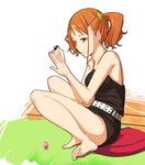  anjou_naruko ano_hi_mita_hana_no_namae_wo_bokutachi_wa_mada_shiranai. asymmetrical_hair bare_legs barefoot belt brown_eyes brown_hair earrings face feet hands jewelry kisen_shijima manicure nail_polish shorts solo twintails 