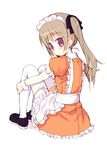  brown_hair full_body long_hair looking_back maid meito_(maze) original purple_eyes sitting solo thighhighs twintails 