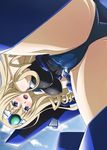  blonde_hair blue_eyes blue_leotard blue_tears_(infinite_stratos) blush bodysuit breasts cecilia_alcott crotch day drill_hair highres infinite_stratos kouun leotard long_hair mecha_musume medium_breasts open_mouth pilot_suit sky solo upside-down 