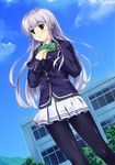  black_legwear blazer blush bow braid cardigan cloud day dutch_angle furukawa_yui green_eyes highres jacket legs mizuki_(mizuki_ame) panties panties_under_pantyhose pantyhose school school_uniform silver_hair skirt sky solo underwear ushinawareta_mirai_wo_motomete 