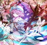  bug butterfly cherry_blossoms fan folding_fan givuchoko glowing hat highres insect light_smile neck_ribbon petals pink_eyes pink_hair ribbon saigyouji_yuyuko short_hair smile solo touhou transparent tree triangular_headpiece wide_sleeves 