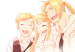  alphonse_elric bad_id bad_pixiv_id blonde_hair blush brothers closed_eyes edward_elric fullmetal_alchemist happy long_hair multiple_boys open_mouth ponytail rikko_(peso) short_hair siblings tears teeth winry_rockbell 