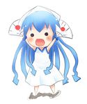  blue_hair chibi dress fan hat ikamusume long_hair mini-ikamusume shinryaku!_ikamusume solo tasuku_(1v1l) tentacle_hair 