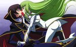  1girl ass c.c. cape code_geass eye_contact green_hair highres incipient_kiss kiss lelouch_lamperouge long_hair looking_at_another purple_eyes 