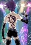  1boy detached_sleeves leather male male_focus microphone shaman_king short_shorts shorts solo tao_ren tattoo topless yin_yang 