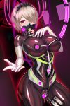  1girl armpits barcode barcode_tattoo blush bodysuit breasts brown_hair commentary_request corruption damao_yu dark_persona dripping elbow_gloves gas_mask gimp_suit gloves hair_over_one_eye hand_on_own_chest headgear highres honkai_(series) honkai_impact_3 lactation large_breasts latex latex_bodysuit looking_at_viewer machinery mole mole_under_eye object_insertion outstretched_arm outstretched_hand pink_eyes pussy rita_rossweisse shiny shiny_clothes short_hair solo tattoo thighs tube vial 