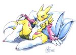  black_eyes blush breasts canine chest_tuft digimon female fox gloves pillow pussy reclining renamon sawblade sitting solo spread_legs spreading tail yellow 