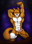  balls bed canine dog erection fox knuxlight looking_at_viewer male muscles nude on_back penis pose sheath solo 