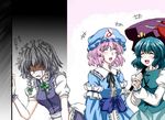  blue_hair braid hat izayoi_sakuya japanese_clothes karakasa_obake kusumo_(kungsu2) maid multiple_girls pink_hair sad saigyouji_yuyuko shaded_face short_hair silver_hair smile tatara_kogasa tears ten_desires touhou triangular_headpiece umbrella 