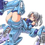  ass blue_leotard breasts busou_shinki dd_(ijigendd) doll_joints elbow_gloves gloves leotard mecha_musume medium_breasts purple_eyes raptias short_hair silver_hair solo thighhighs twintails 