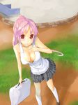  breast_suppress breasts checkered checkered_skirt cleavage covered_nipples from_above grass k-on! large_breasts long_hair miura_akane no_bra original park pekoni_(peconi) pink_hair ponytail red_eyes skirt slide socks solo suitcase 