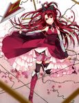 arm_warmers bare_shoulders boots chain frills gem grin highres long_hair mahou_shoujo_madoka_magica manyako_(mohumohu) polearm ponytail red red_eyes red_hair sakura_kyouko smile solo spear thighhighs weapon zettai_ryouiki 