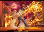  anthro breasts canine chicken fight fire fox kick torn_clothing unknown_artist 