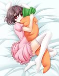  animal_ears blush brown_hair bunny_ears carrot carrot_pillow colorized dress highres hug inaba_tewi itou_nanami pillow red_eyes short_hair solo thighhighs touhou wata_(akawata) 