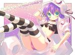  bad_id bad_pixiv_id breasts choker cleavage green_eyes hand_on_headwear hat kosuzume merry_nightmare midriff panties purple_hair short_hair small_breasts smile solo striped striped_legwear thighhighs underwear yumekui_merry 